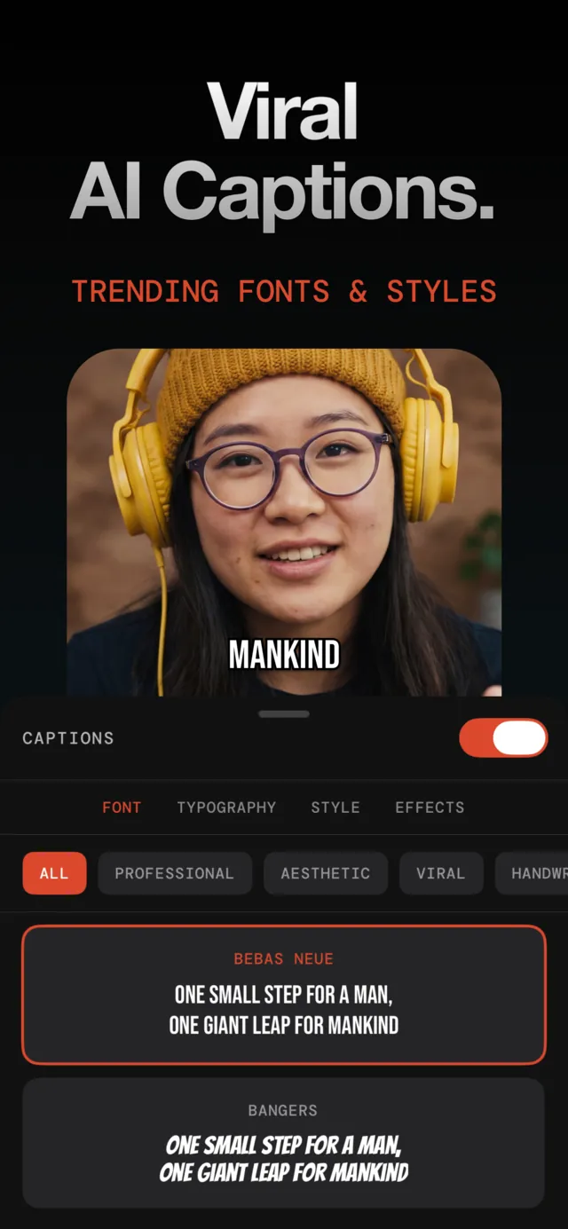 Viral AI captions with trending fonts and styles.