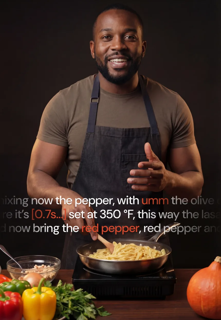 Primecut marking filler words, a long pause and a repeated phrase in a transcript over a cooking video.