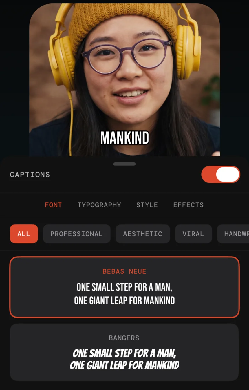 Primecut's caption styling panel on iPhone with font presets like Bebas Neue and Bangers.