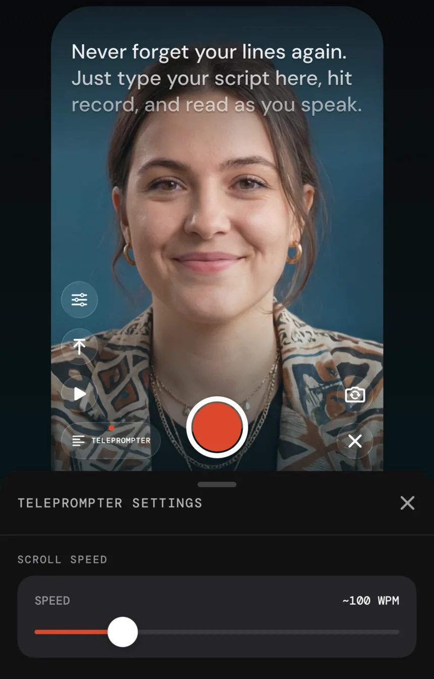 Primecut's built-in teleprompter scrolling a script over the iPhone camera view, with scroll speed settings open.