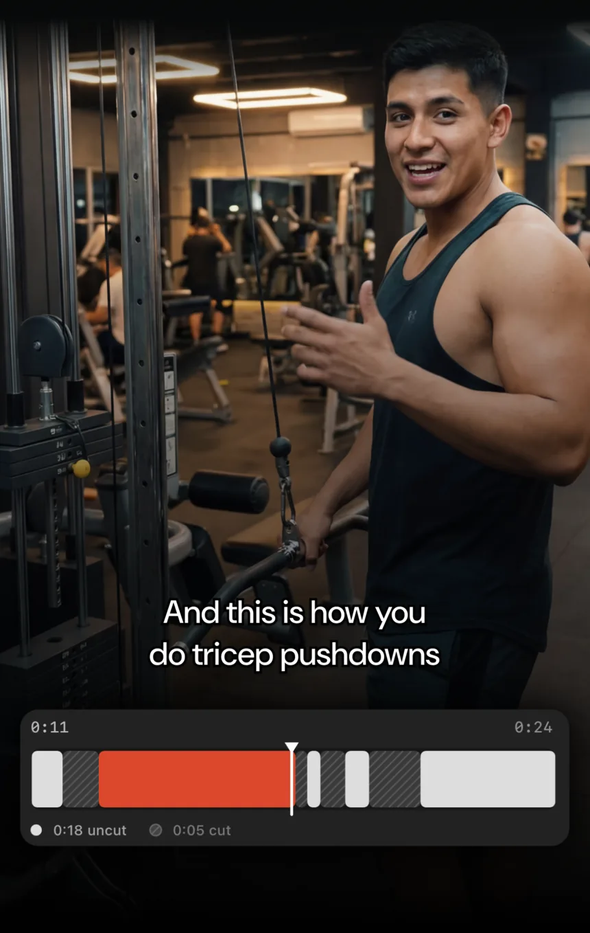 Primecut's non-destructive timeline under a gym video, showing kept segments in orange and cut segments hatched.