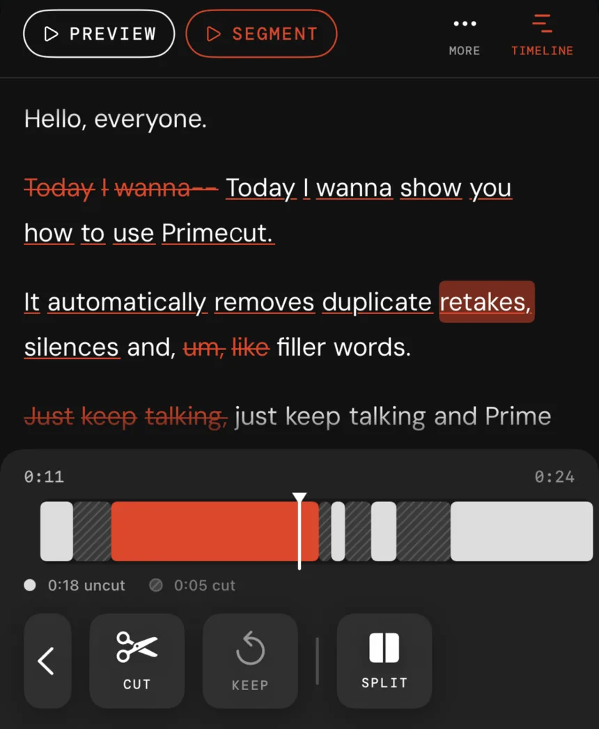 Primecut's transcript view on iPhone: cut lines are struck through in red while the timeline below shows which segments are removed.